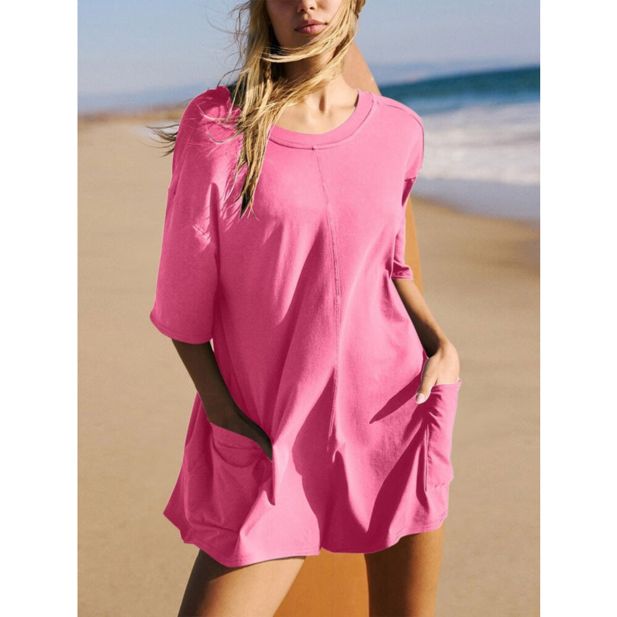 Backless Round Neck Half Sleeve Romper Hot Pink / S Apparel and Accessories