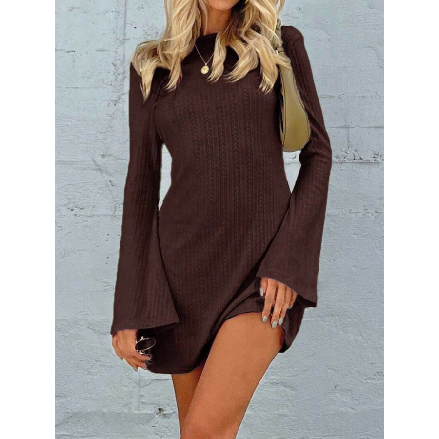 Backless Round Neck Long Sleeve Mini Dress Coffee Brown / S Apparel and Accessories