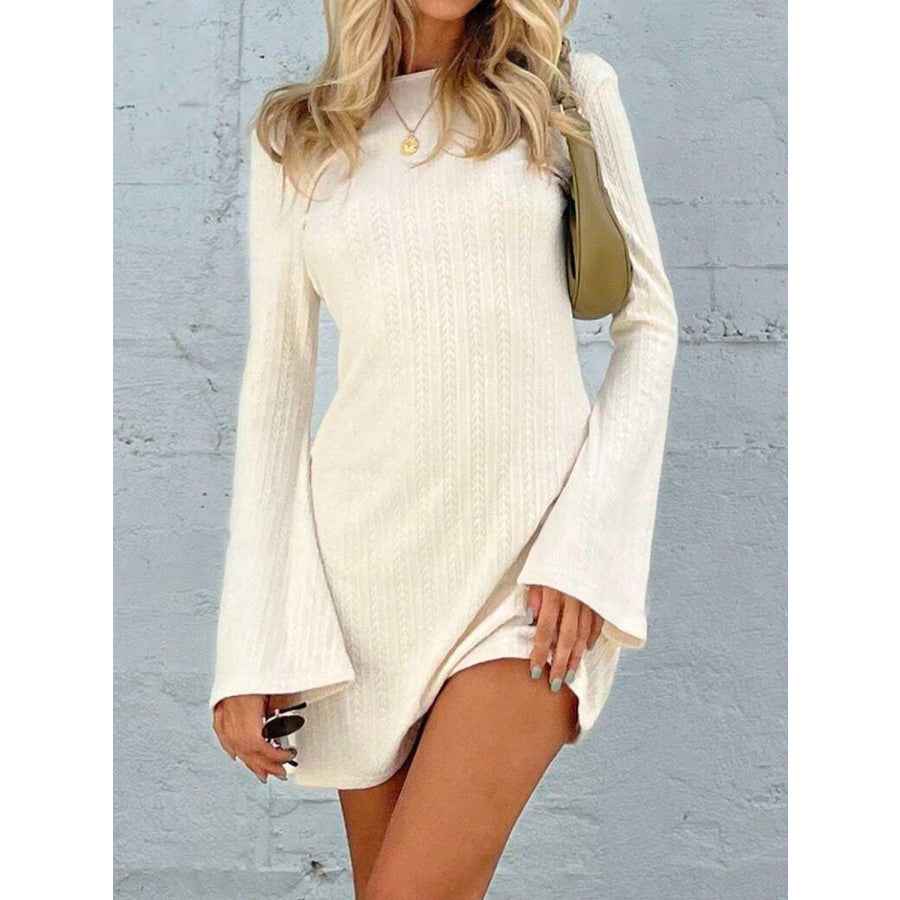 Backless Round Neck Long Sleeve Mini Dress Cream / S Apparel and Accessories