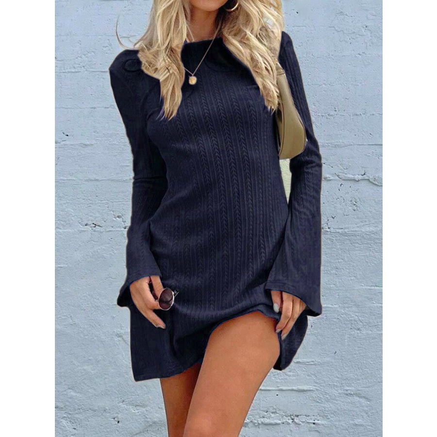 Backless Round Neck Long Sleeve Mini Dress Dark Navy / S Apparel and Accessories