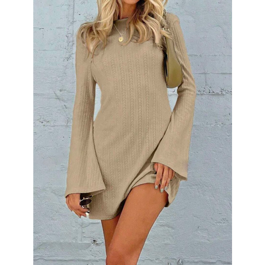 Backless Round Neck Long Sleeve Mini Dress Tan / S Apparel and Accessories