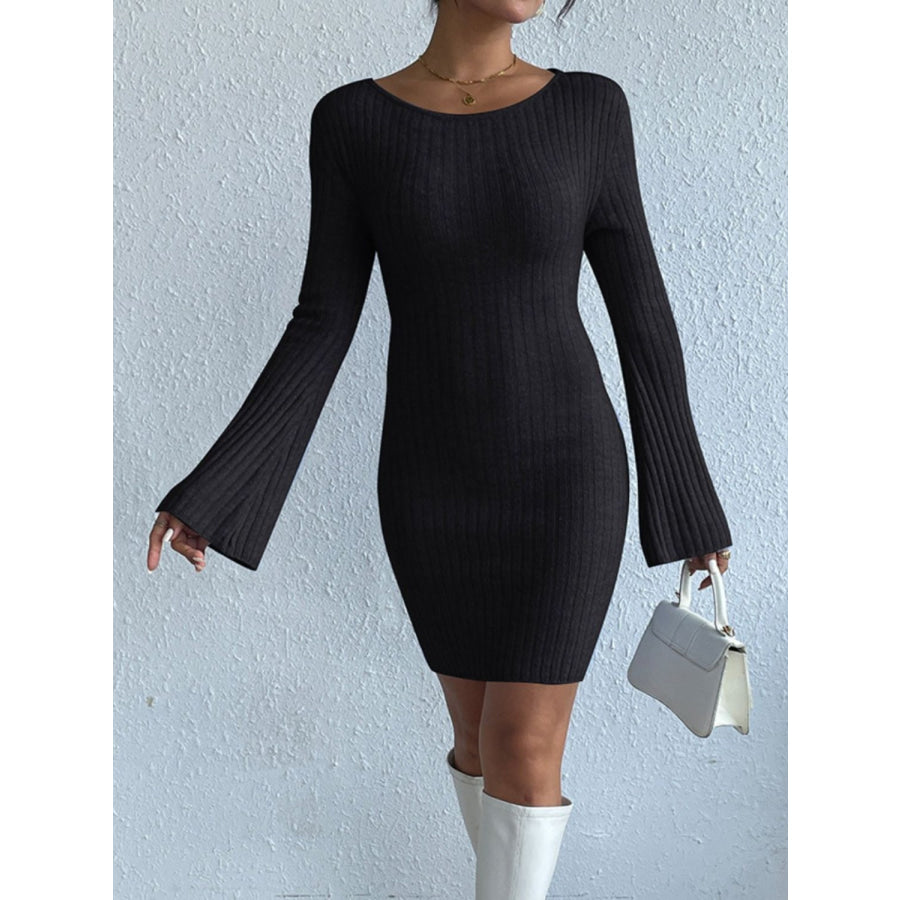 Backless Round Neck Long Sleeve Sweater Dress Apparel and Accessories