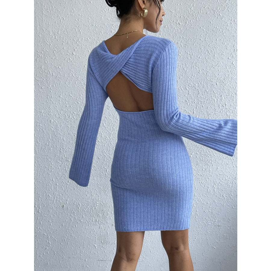 Backless Round Neck Long Sleeve Sweater Dress Apparel and Accessories