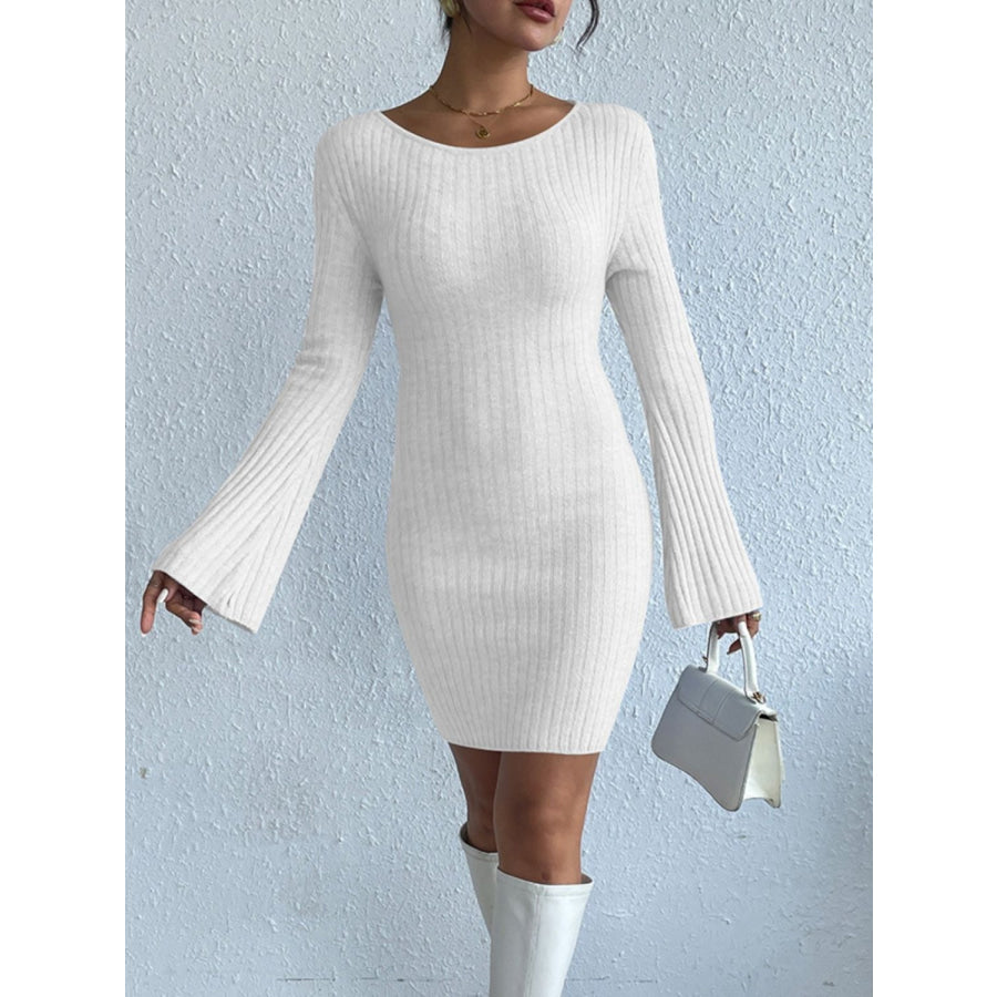 Backless Round Neck Long Sleeve Sweater Dress Apparel and Accessories