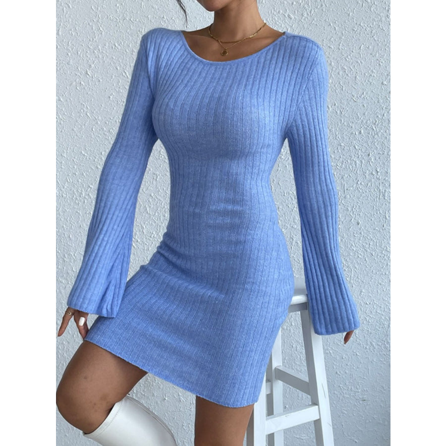 Backless Round Neck Long Sleeve Sweater Dress Apparel and Accessories