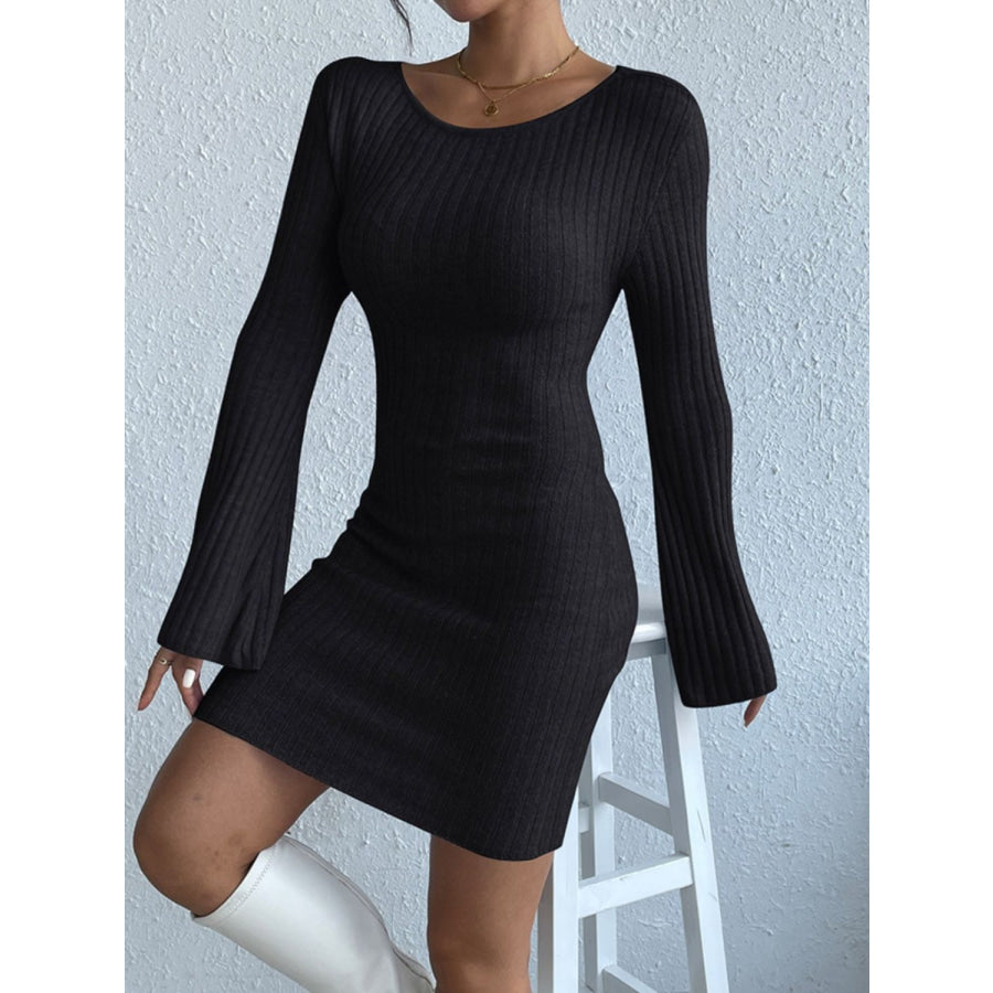 Backless Round Neck Long Sleeve Sweater Dress Black / S Apparel and Accessories