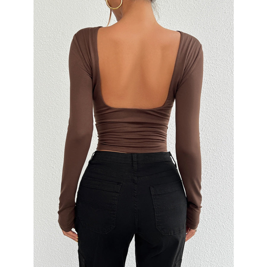 Backless Round Neck Long Sleeve T-Shirt Coffee Brown / S Apparel and Accessories