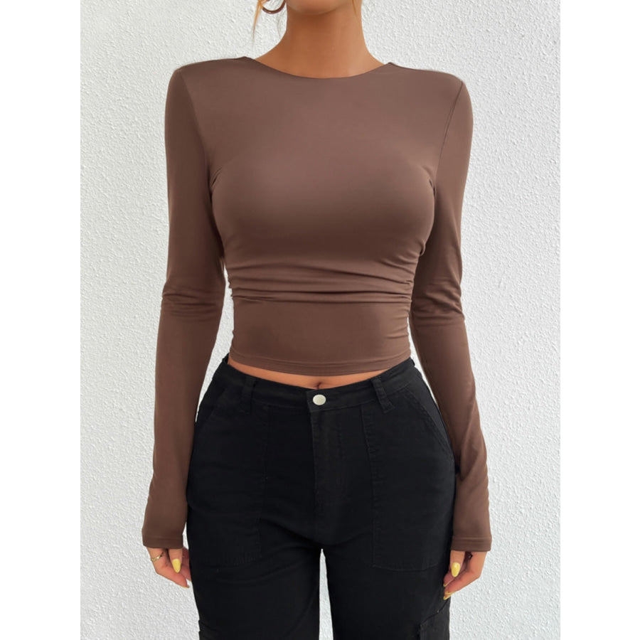 Backless Round Neck Long Sleeve T-Shirt Coffee Brown / S Apparel and Accessories