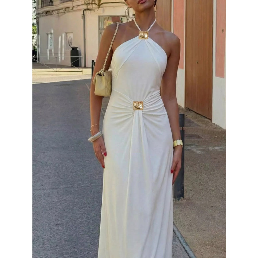 Backless Ruched Halter Neck Maxi Dress Apparel and Accessories
