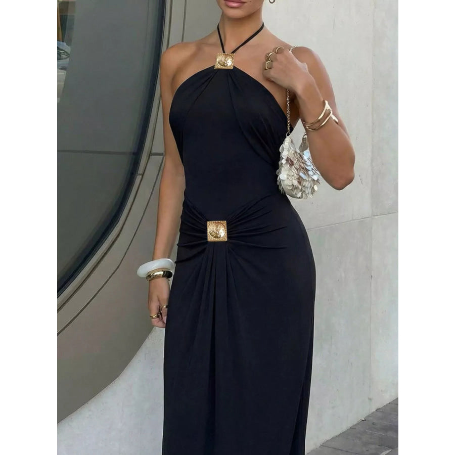 Backless Ruched Halter Neck Maxi Dress Apparel and Accessories