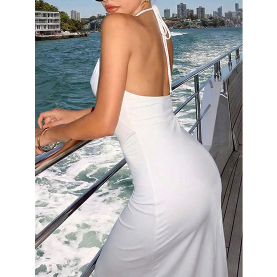 Backless Ruched Halter Neck Maxi Dress Apparel and Accessories