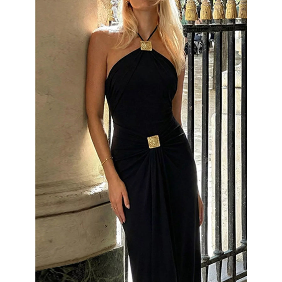 Backless Ruched Halter Neck Maxi Dress Apparel and Accessories