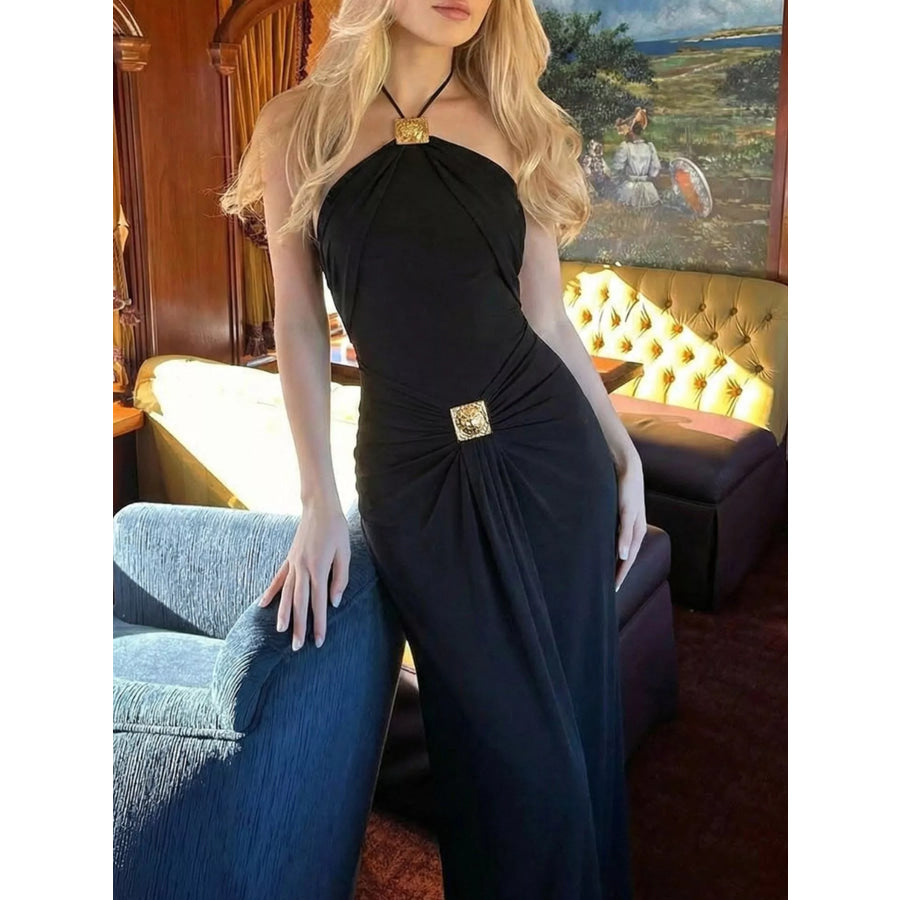 Backless Ruched Halter Neck Maxi Dress Apparel and Accessories