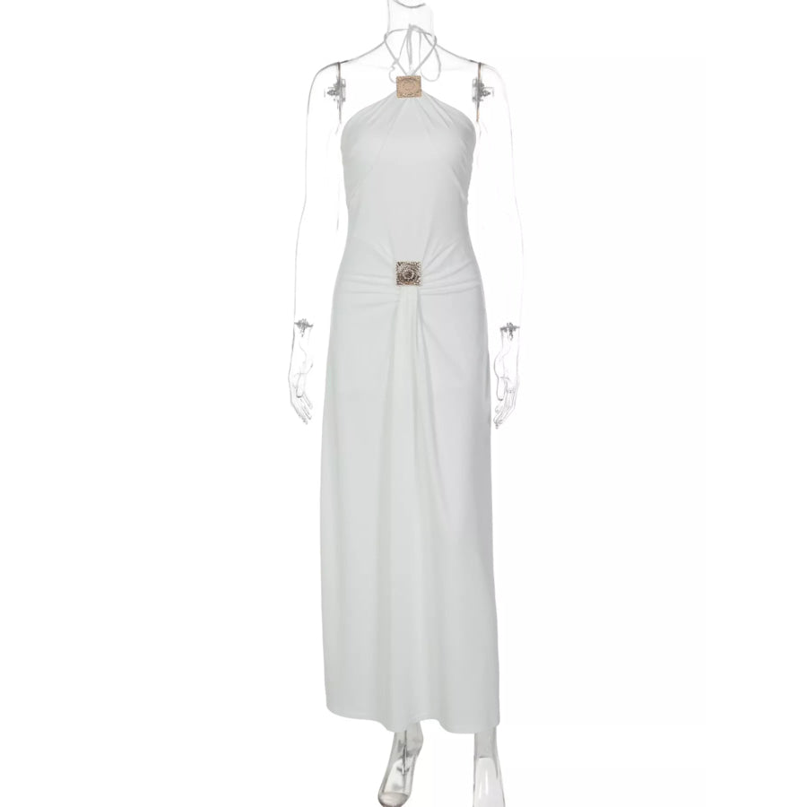 Backless Ruched Halter Neck Maxi Dress Apparel and Accessories