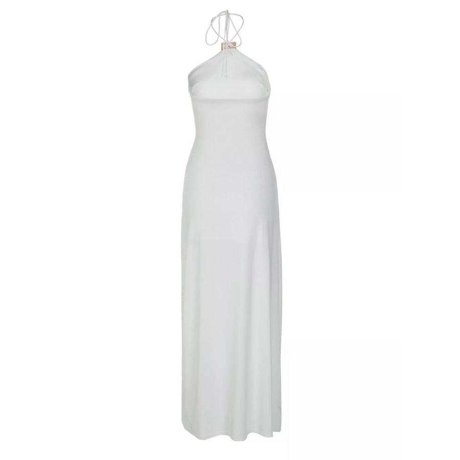 Backless Ruched Halter Neck Maxi Dress Apparel and Accessories