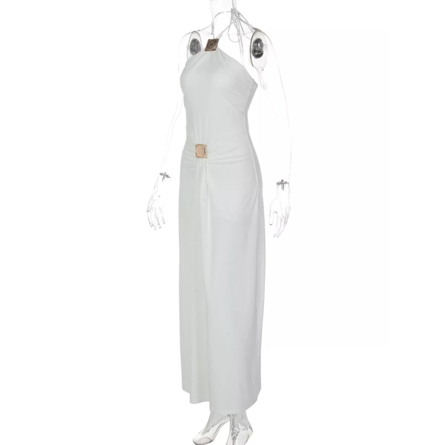 Backless Ruched Halter Neck Maxi Dress Apparel and Accessories