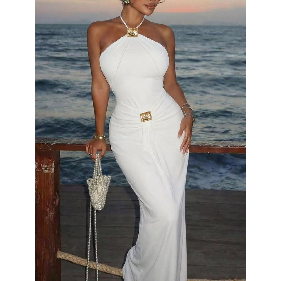 Backless Ruched Halter Neck Maxi Dress White / S Apparel and Accessories