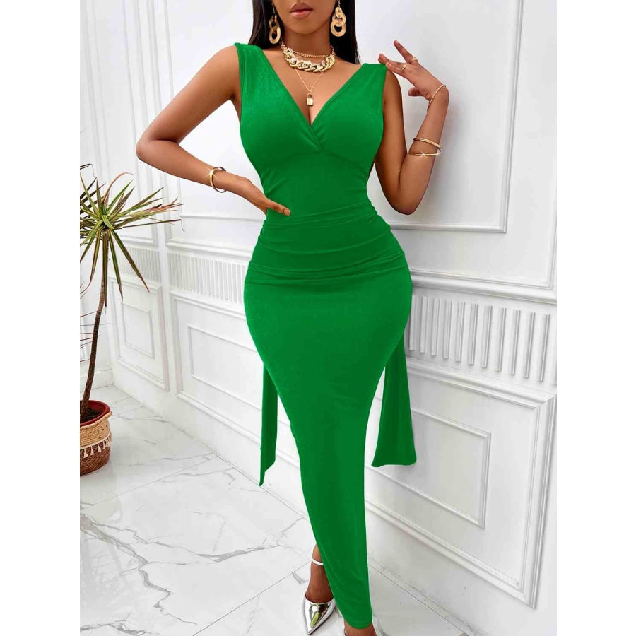 Backless Ruched Slit Maxi Dress Mid Green / XS Clothing