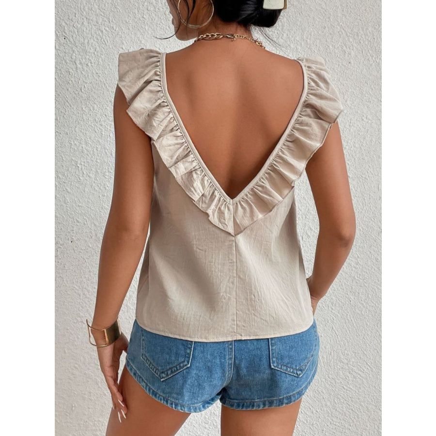 Backless Ruffled Scoop Neck Tank Tan / S Apparel and Accessories
