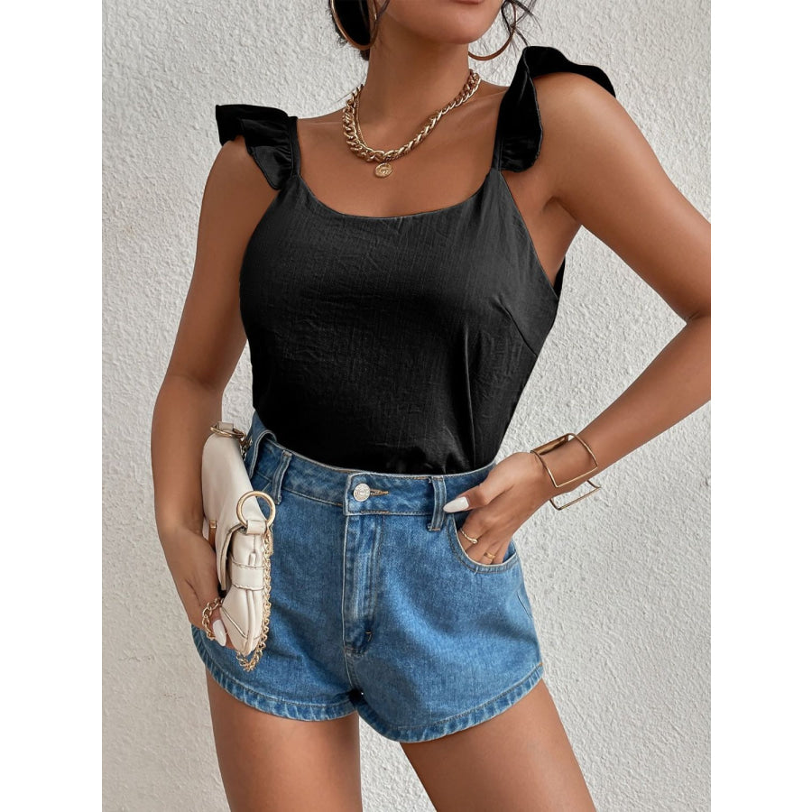 Backless Ruffled Scoop Neck Tank Black / S Apparel and Accessories