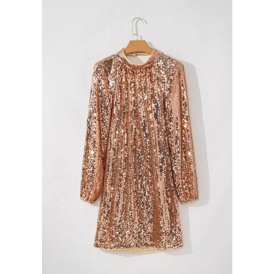 Backless Sequin Mock Neck Long Sleeve Mini Dress Apparel and Accessories