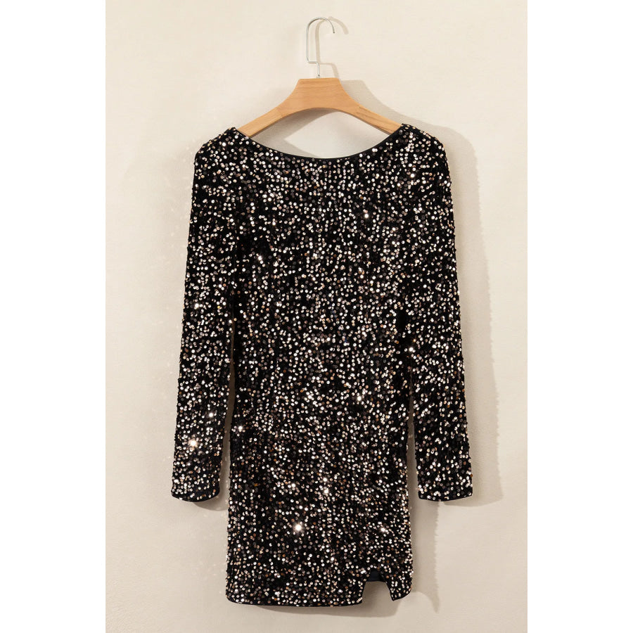 Backless Sequin Round Neck Long Sleeve Dress Apparel and Accessories