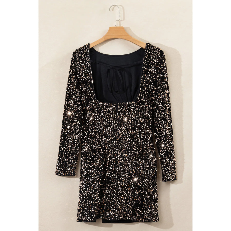 Backless Sequin Round Neck Long Sleeve Dress Apparel and Accessories