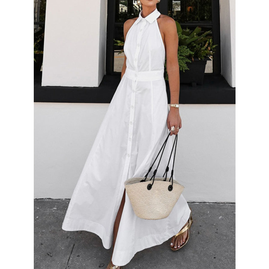 Backless Sleeveless Button Front Maxi Dress White / S Apparel and Accessories