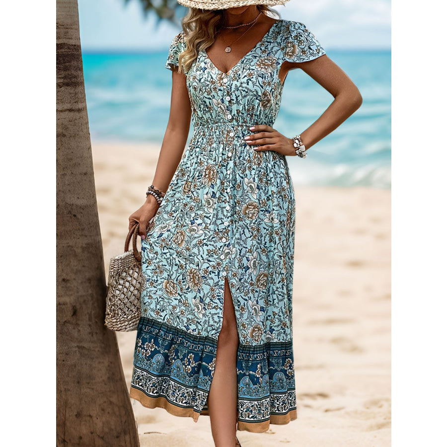 Backless Slit Printed Short Sleeve Dress Apparel and Accessories