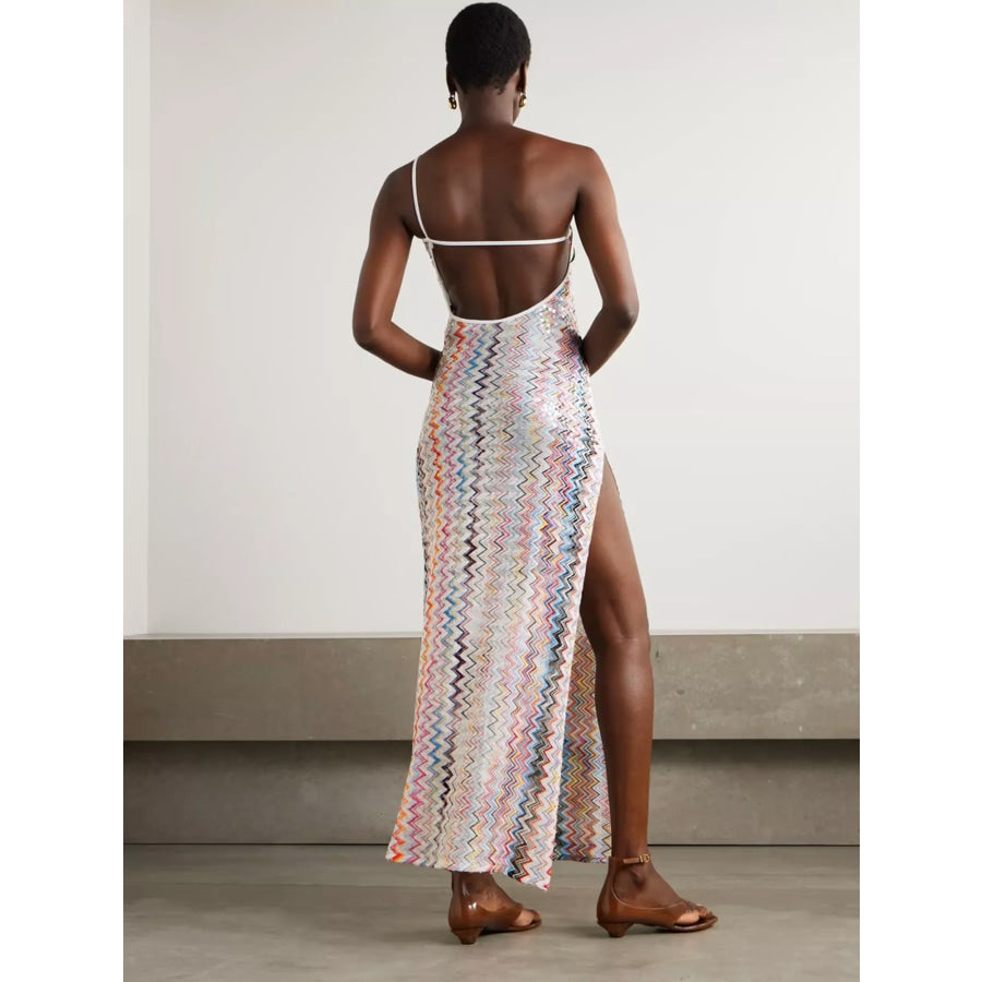 Backless Slit Zigzag Pattern Sleeveless Maxi Dress Apparel and Accessories