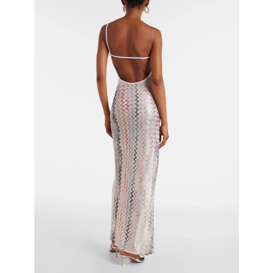Backless Slit Zigzag Pattern Sleeveless Maxi Dress Apparel and Accessories