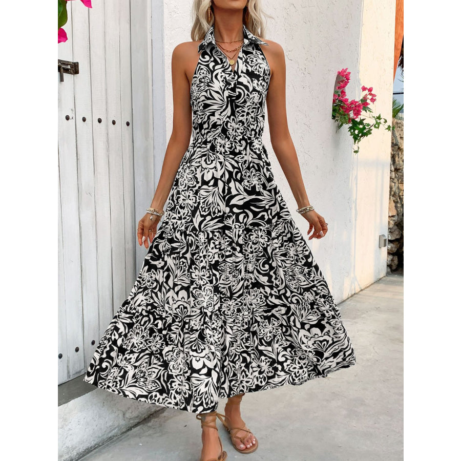 Backless Smocked Printed Sleeveless Midi Dress Apparel and Accessories