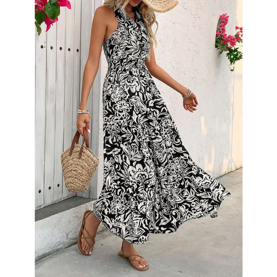 Backless Smocked Printed Sleeveless Midi Dress Apparel and Accessories