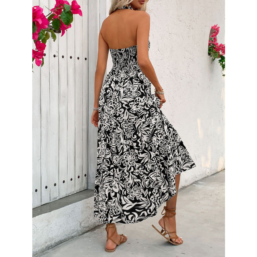 Backless Smocked Printed Sleeveless Midi Dress Apparel and Accessories