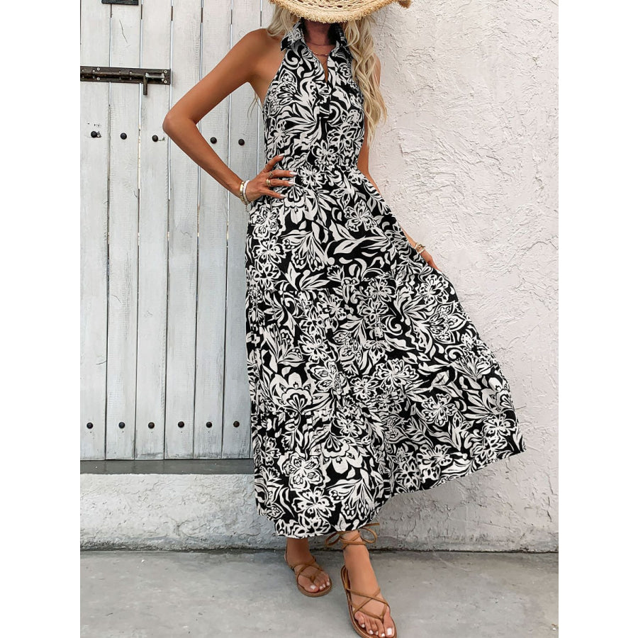 Backless Smocked Printed Sleeveless Midi Dress Apparel and Accessories