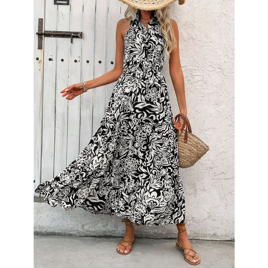 Backless Smocked Printed Sleeveless Midi Dress Black / S Apparel and Accessories