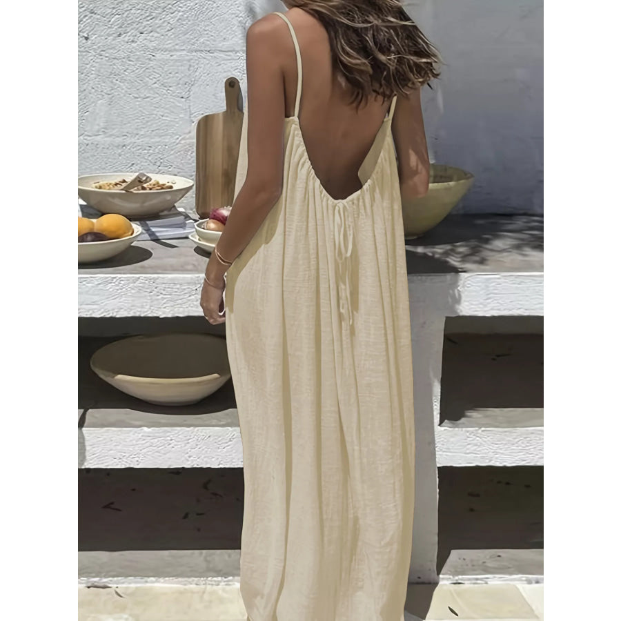 Backless Spaghetti Strap Maxi Dress Beige / S Apparel and Accessories