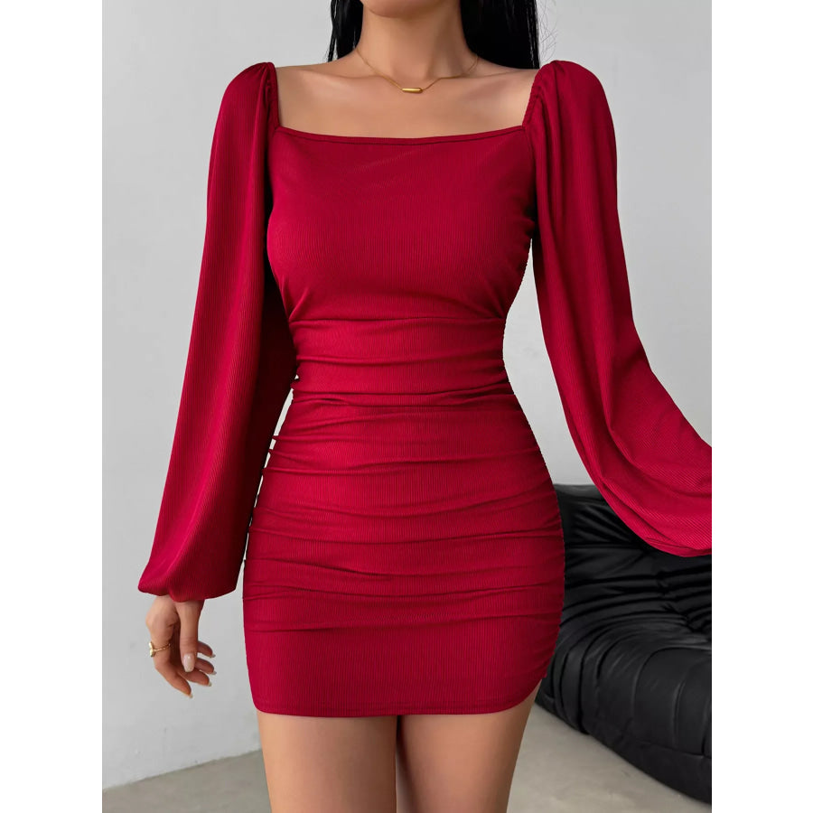 Backless Square Neck Long Sleeve Dress Burgundy / XS Apparel and Accessories
