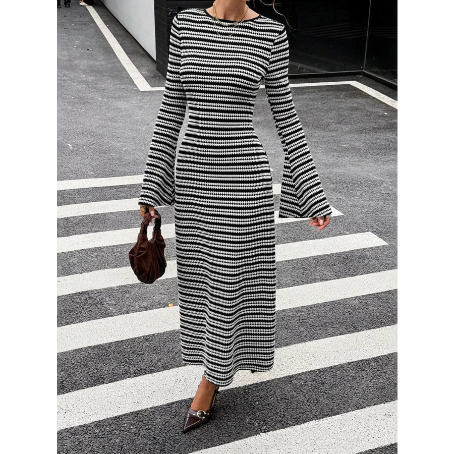 Backless Striped Ribbed Knit Maxi Dress with Flared Sleeves Black / S