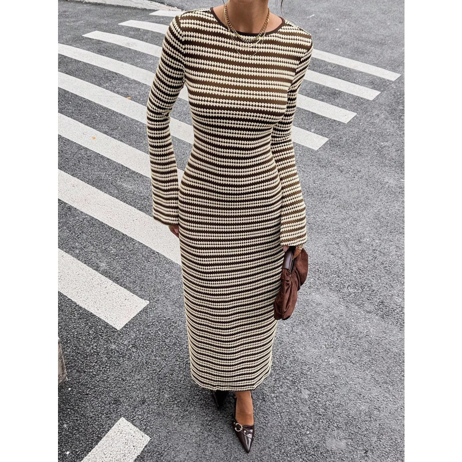 Backless Striped Ribbed Knit Maxi Dress with Flared Sleeves Brown / S