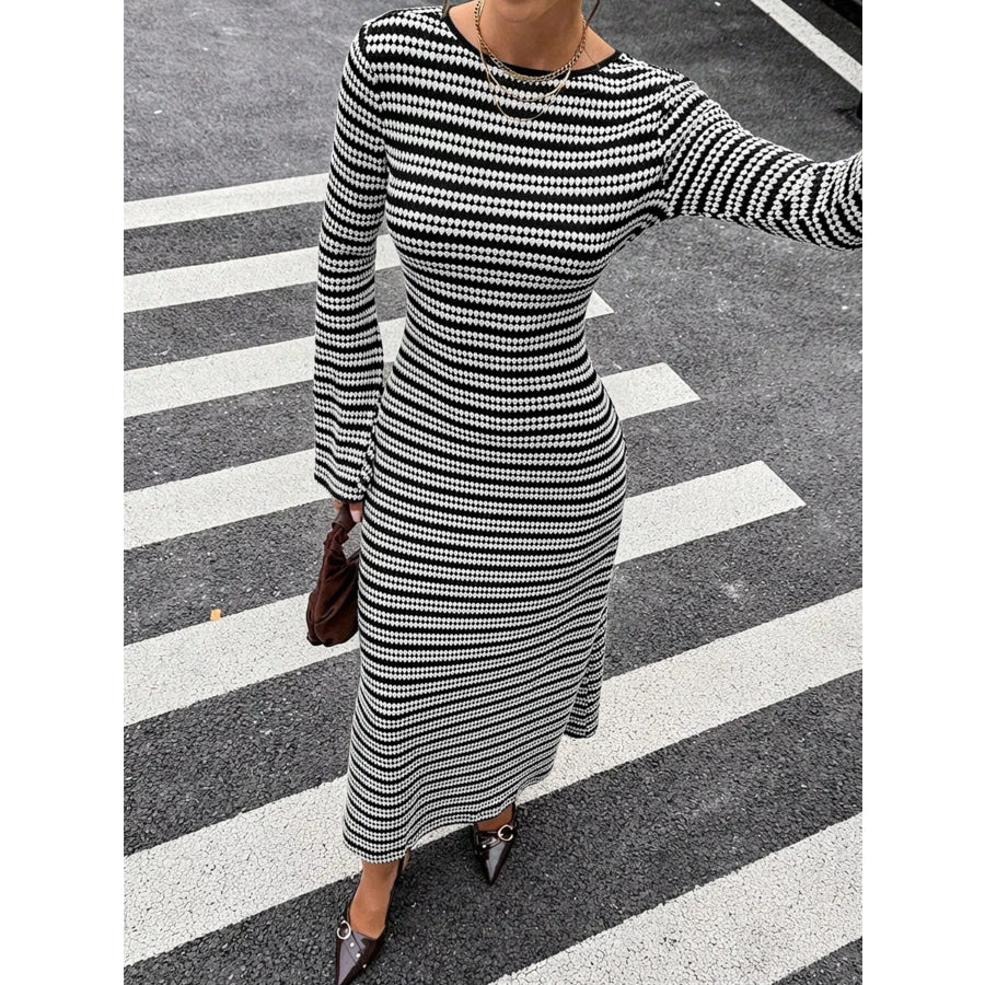 Backless Striped Ribbed Knit Maxi Dress with Flared Sleeves