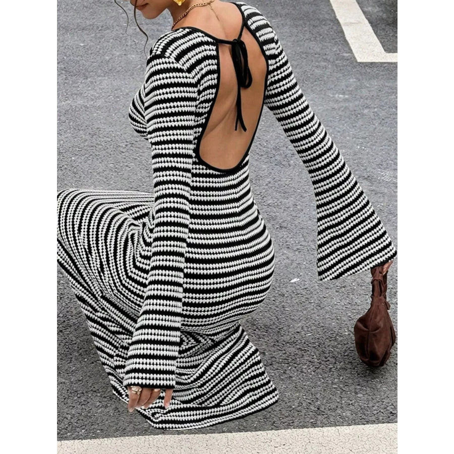 Backless Striped Ribbed Knit Maxi Dress with Flared Sleeves