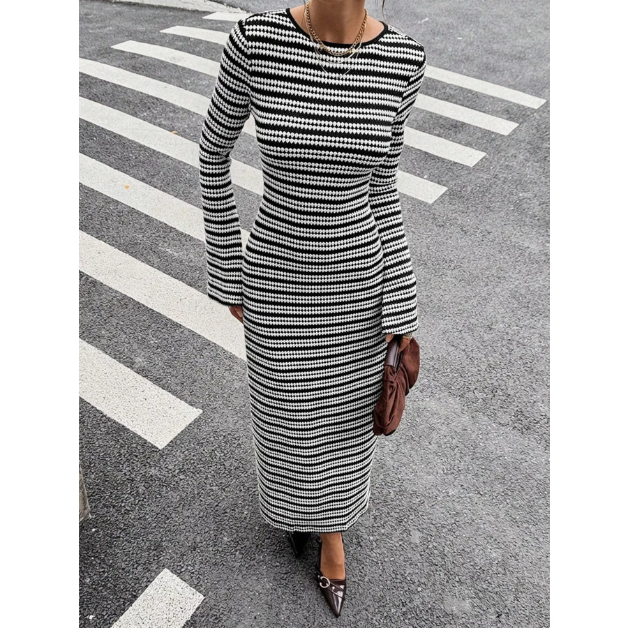 Backless Striped Ribbed Knit Maxi Dress with Flared Sleeves