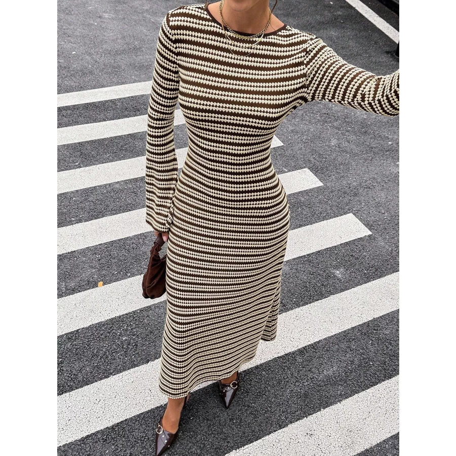 Backless Striped Ribbed Knit Maxi Dress with Flared Sleeves