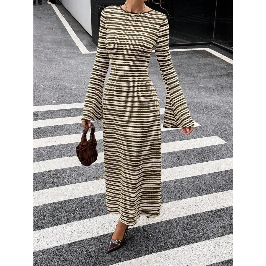 Backless Striped Ribbed Knit Maxi Dress with Flared Sleeves