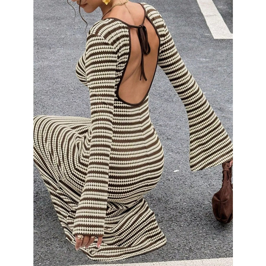 Backless Striped Ribbed Knit Maxi Dress with Flared Sleeves