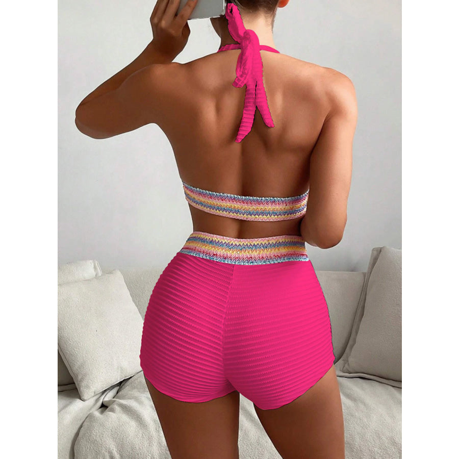 Backless Textured Halter Neck Two-Piece Swim Set Apparel and Accessories