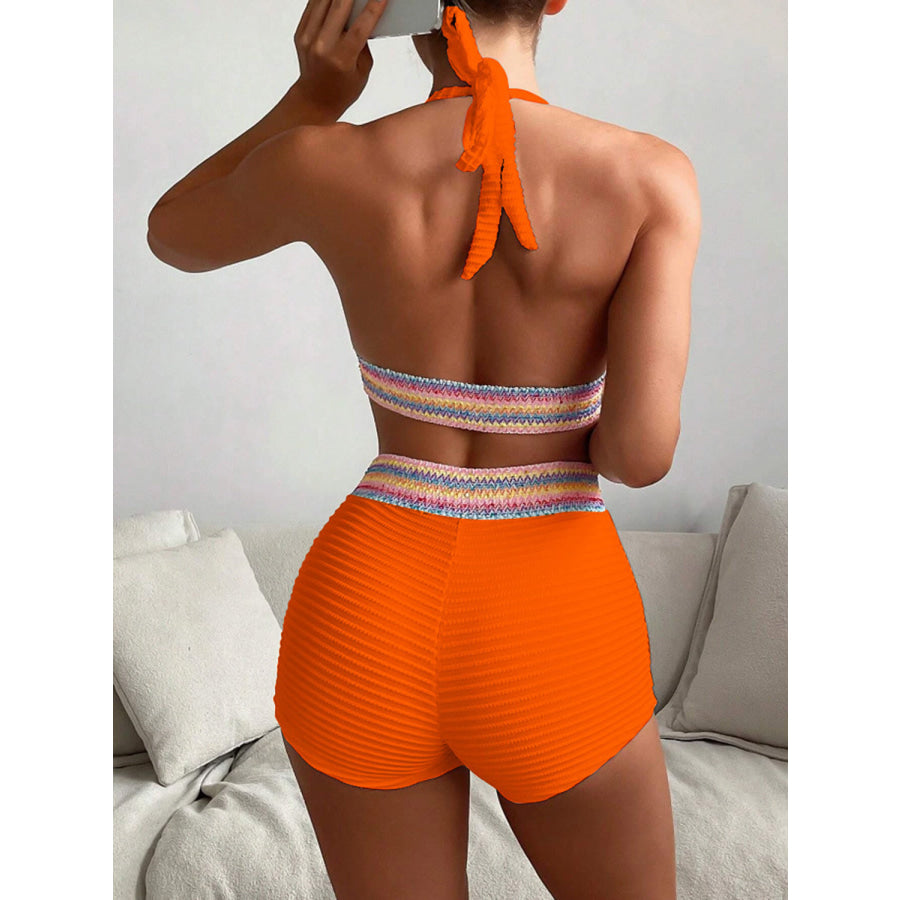 Backless Textured Halter Neck Two-Piece Swim Set Apparel and Accessories