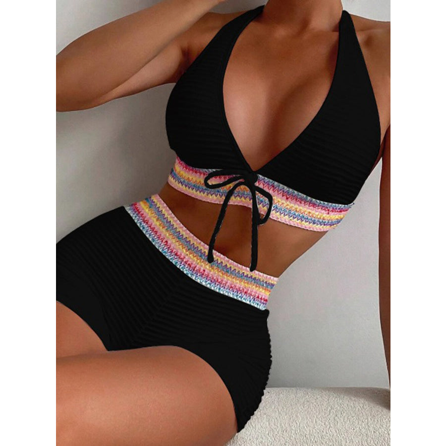 Backless Textured Halter Neck Two-Piece Swim Set Black / S Apparel and Accessories