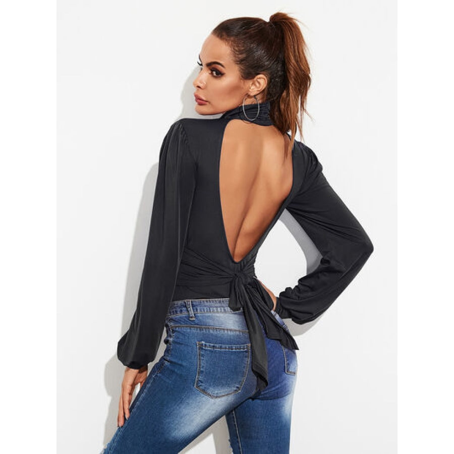 Backless Tie-Waist Turtleneck Lantern Sleeve Bodysuit Black / S Clothing